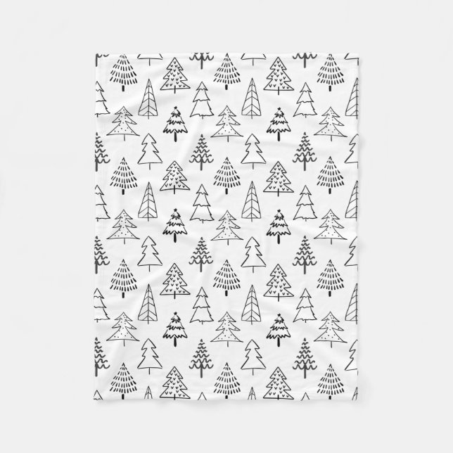 Christmas Trees Black and White Pattern Fleece Blanket (Front)