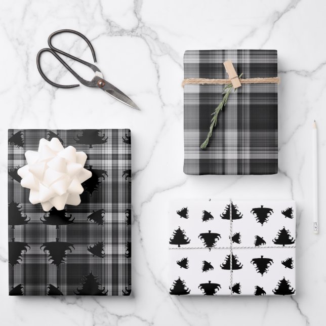 Christmas Trees Black Plaid Wrapping Paper Sheet (Front)