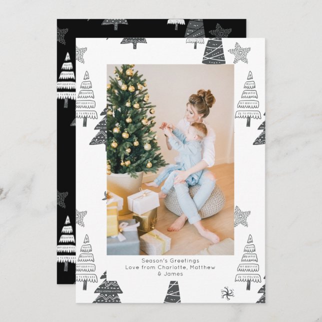 Christmas Trees Black White Pattern Personalized Holiday Card (Front/Back)