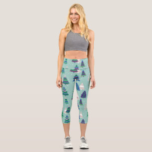 Christmas trees, blue background capri leggings