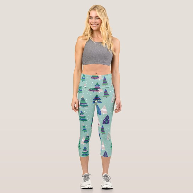 Christmas trees, blue background capri leggings (Front)
