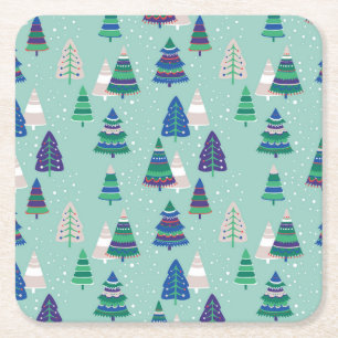 Christmas trees, blue background square paper coaster