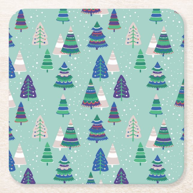 Christmas trees, blue background square paper coaster (Front)