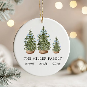 Christmas Trees Bow Blue Ceramic Ornament
