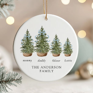 Christmas Trees Bow Blue Ceramic Ornament