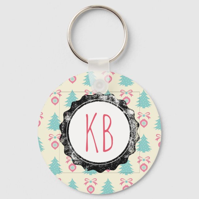 Christmas Trees, Bows & Baubles Pattern Monogram Keychain (Front)