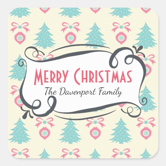 Christmas Trees, Bows & Baubles Pattern Square Sticker (Front)
