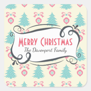 Christmas Trees, Bows & Baubles Pattern Square Sticker