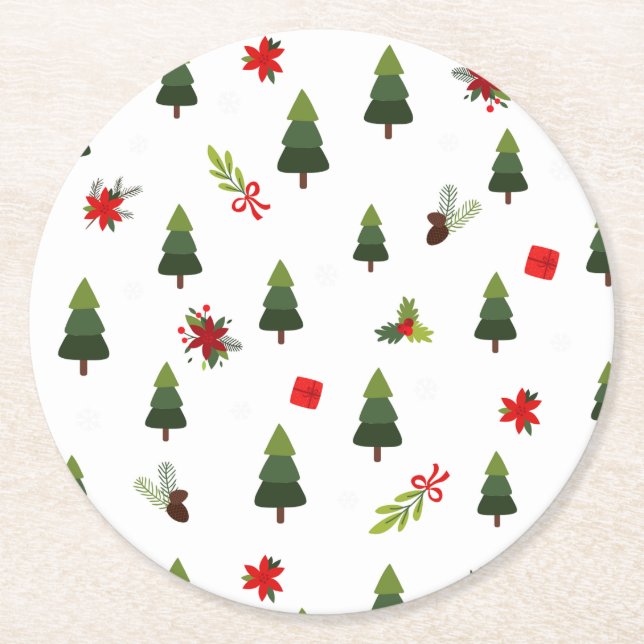 Christmas Trees & Bows  Round Paper Coaster (Front)