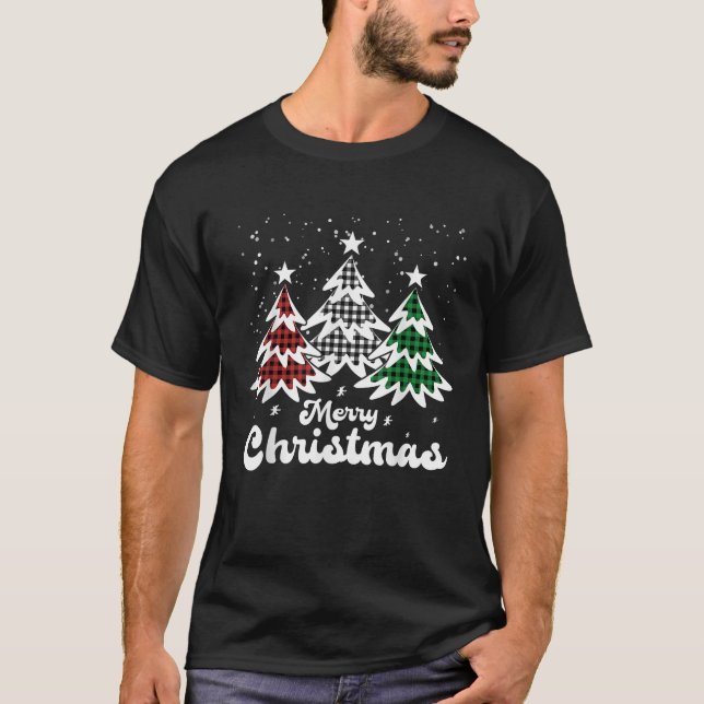 Christmas Trees Buffalo Plaid Red White Green Xmas T-Shirt (Front)