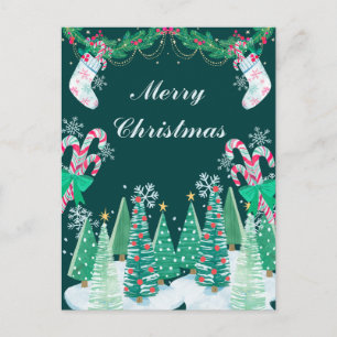 Christmas Trees, Candy Cane and Stockings  Holiday Postcard
