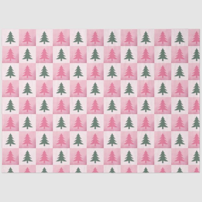 Christmas Trees Chequerboard Pink Green Christmas Tissue Paper (Front)