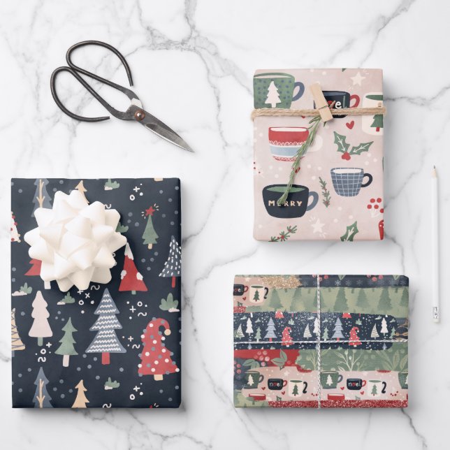 Christmas Trees & Cocoa Wrapping Paper Sheets (Front)
