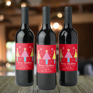Christmas Trees Cool Art Personalized Name Red  Wine Label