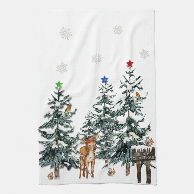 Christmas Trees  Deer Birds Snowflakes Winter Kitchen Towel (Vertical)