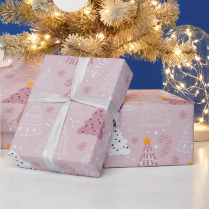 Christmas Trees Doves Snowflakes Pink Christmas Wrapping Paper