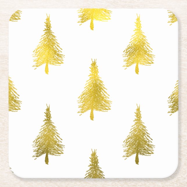Christmas Trees Faux Gold Foil Holiday Pattern Square Paper Coaster (Front)