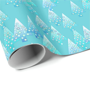 Christmas trees, flowers, modern, turquoise, blue wrapping paper