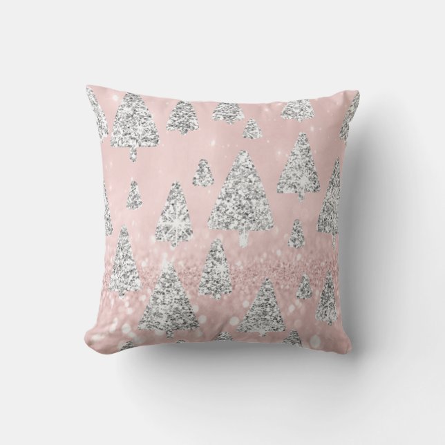 Christmas Trees Glitter Silver Grey Winter Rose Throw Pillow (Front)