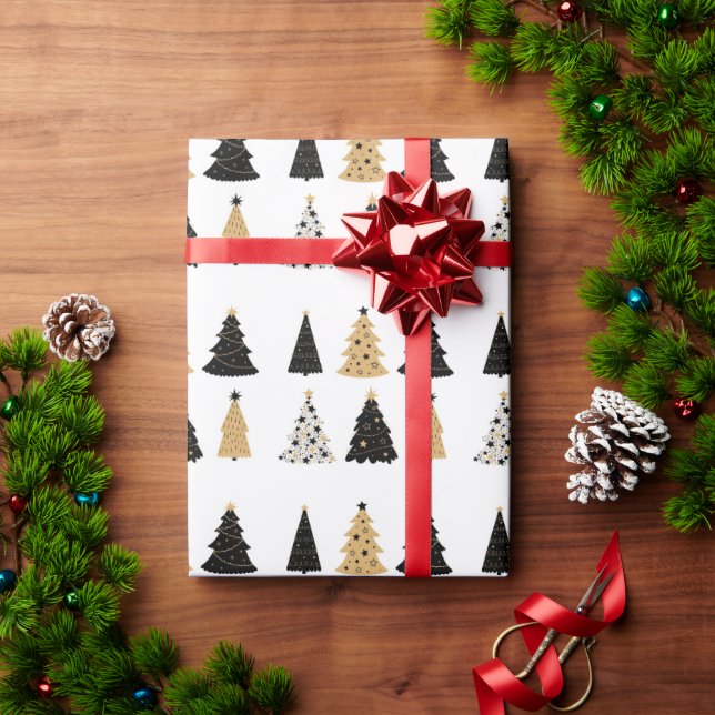 Christmas Trees Gold Black Modern Simple Holiday Wrapping Paper (Holiday Gift)