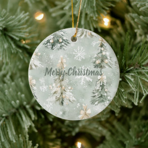 Christmas Trees Gold Bows Snowflakes Ceramic Ornament