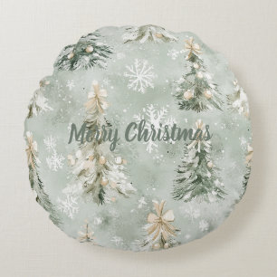 Christmas Trees Gold Bows Snowflakes Round Pillow