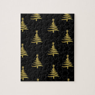 Christmas Trees Gold on Black Jigsaw Puzzle