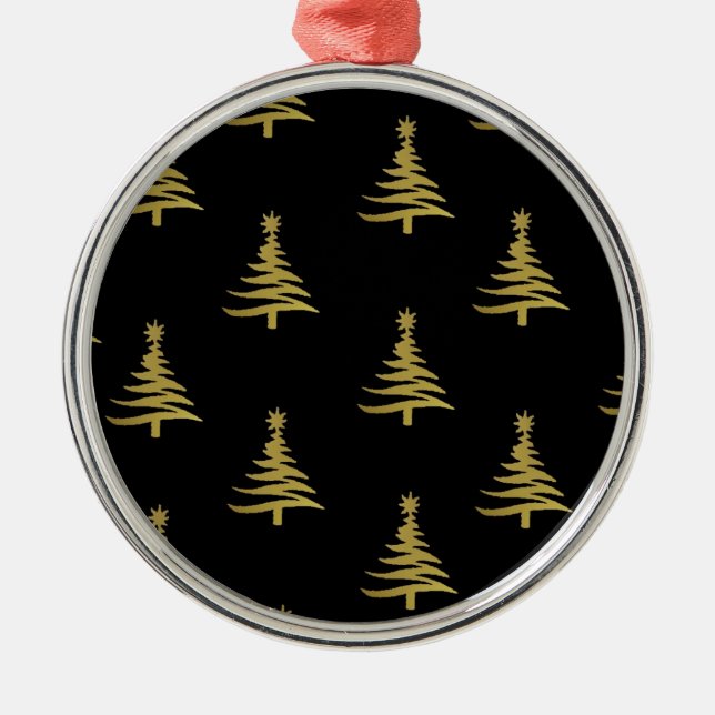 Christmas Trees Gold on Black Metal Ornament (Front)