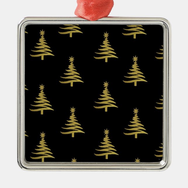 Christmas Trees Gold on Black Metal Ornament (Front)