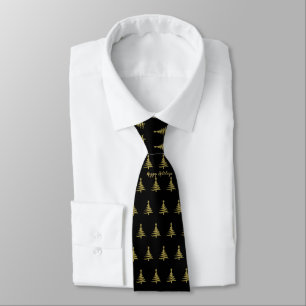 Christmas Trees Gold on Black Neck Tie