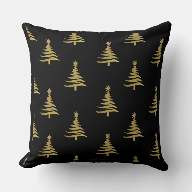 Christmas Trees Gold on Black Throw Pillow (Front)