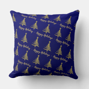 Christmas Trees Gold on Blue Throw Pillow