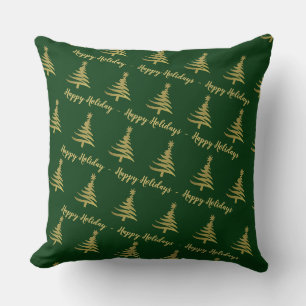 Christmas Trees Gold on Green Throw Pillow