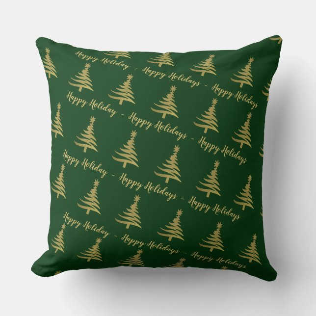 Christmas Trees Gold on Green Throw Pillow (Front)