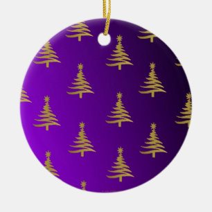 Christmas Trees Gold on Purple Ceramic Ornament
