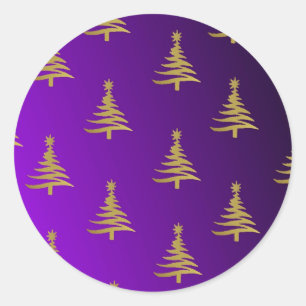 Christmas Trees Gold on Purple Classic Round Sticker