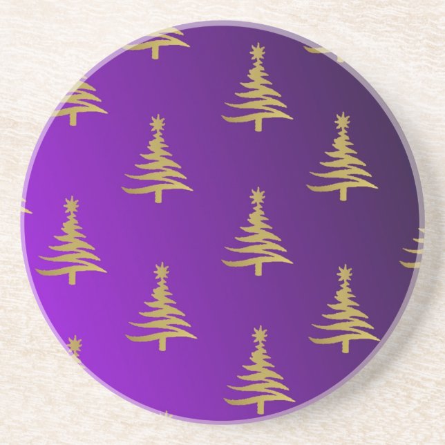 Christmas Trees Gold on Purple Coaster (Front)
