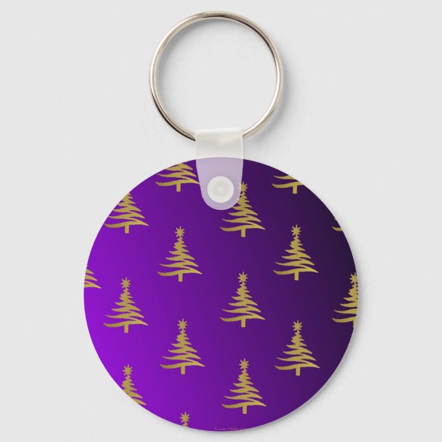 Christmas Trees Gold on Purple Keychain (Front)