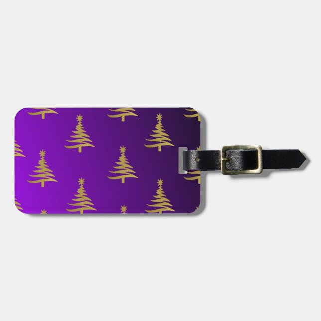 Christmas Trees Gold on Purple Luggage Tag (Front Horizontal)