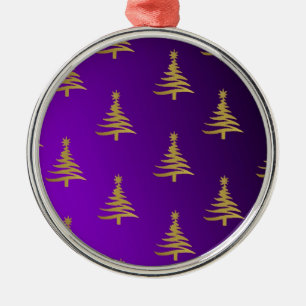 Christmas Trees Gold on Purple Metal Ornament