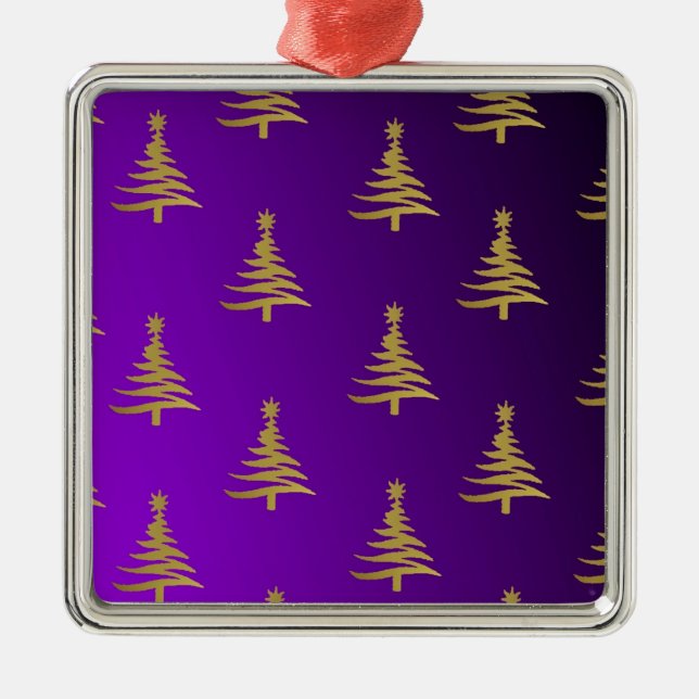 Christmas Trees Gold on Purple Metal Ornament (Front)