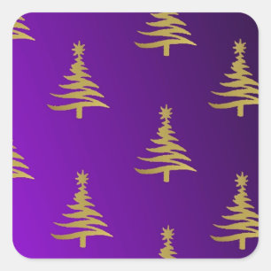 Christmas Trees Gold on Purple Square Sticker