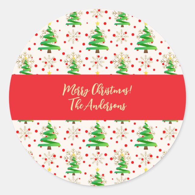 Christmas Trees & Gold Snowflakes Classic Round Sticker (Front)