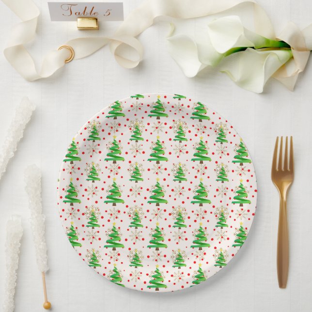 Christmas Trees & Gold Snowflakes Paper Plate (Wedding)