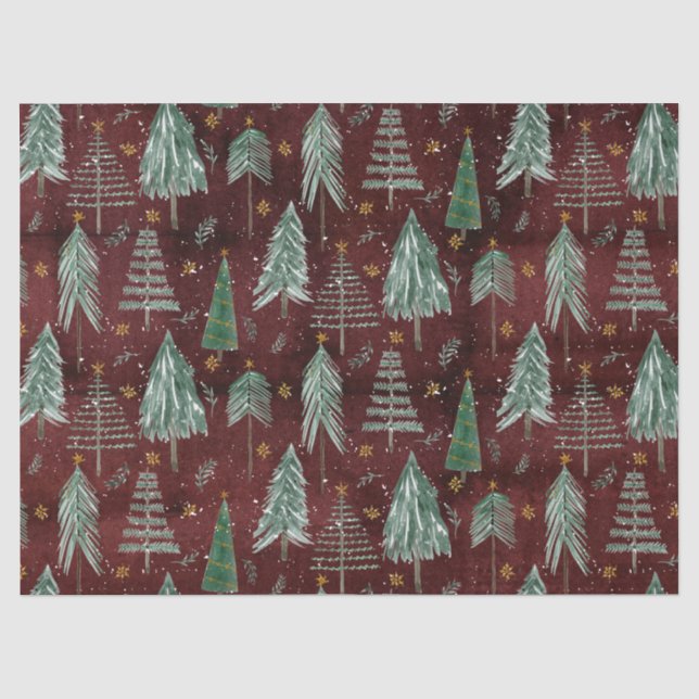 Christmas Trees Gold Stars Burgundy Rustic Wood Tissue Paper (Front)