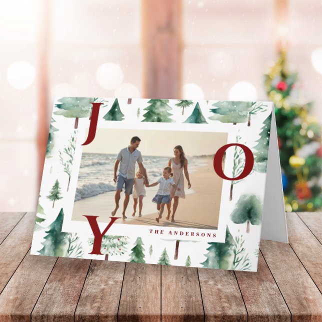 Christmas Trees Greenery Red Joy Photo Folded Card (Creator Uploaded)