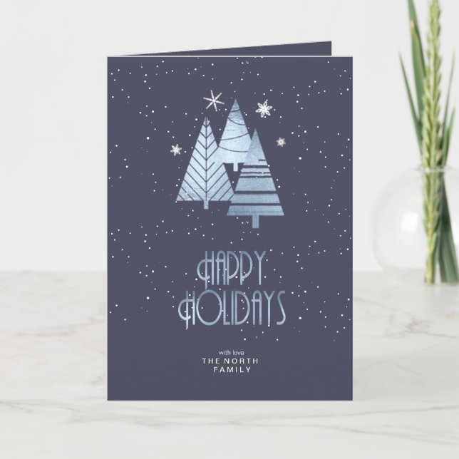 Christmas Trees Happy Holidays Blue ID863 Holiday Card (Front)