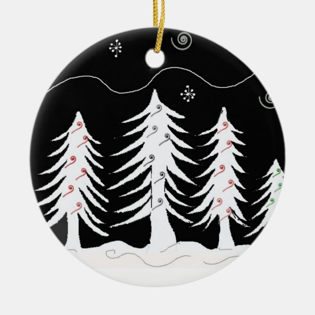Christmas Trees in Black and White Ceramic Ornament (Front)
