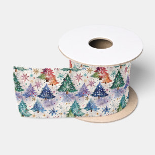 Christmas Trees in Colourful Snow Satin Ribbon
