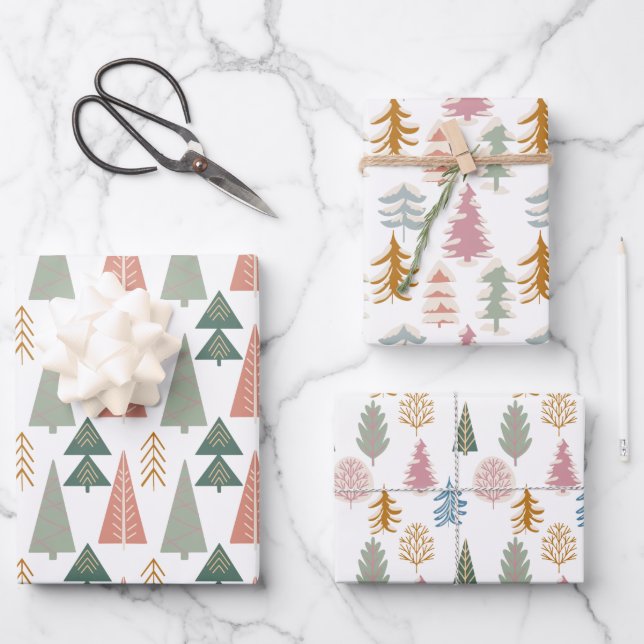 Christmas Trees in Pink, Green and Orange Wrapping Paper Sheet (Front)